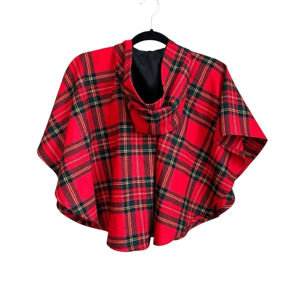 O'Neil of Dublin Girl's Hooded Irish Cape SZ Medium in Royal Red Plaid‎